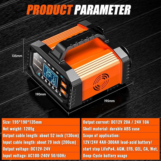 Auto Battery Charger 20A 12V/24V Adjustable Current 0.5A-20A LiFePO4 Lead Acid Fully Automatic Battery Maintainer, Trickle Charger with Pulse Repair, Winter Mode, for AGM Gel Deep Cycle Batteries