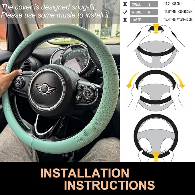 PINCTROT Nappa Leather Steering Wheel Cover, Slim Fit No Bulk Design, One Piece Leather with Breathable Perforation, Fit Like Gloves, Universal 14.5-15 Inch(Nappa Mint)