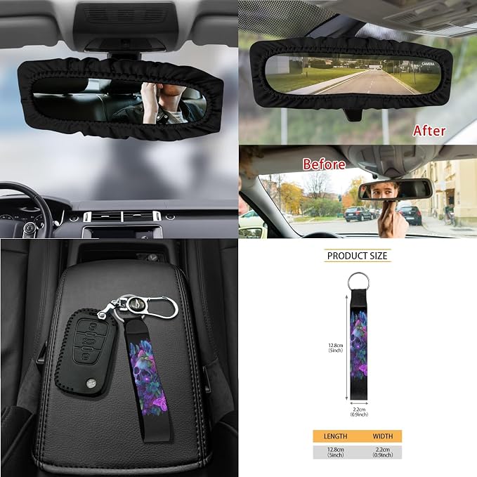 Skull Floral Butterfly Print Car Seat Cover Set Steering Wheel Covers Seat Belt Strap Cover Garbage Cans Air Vent Storage Holder Rear View Mirror Covers Coasters Key Chain, 15 Pack