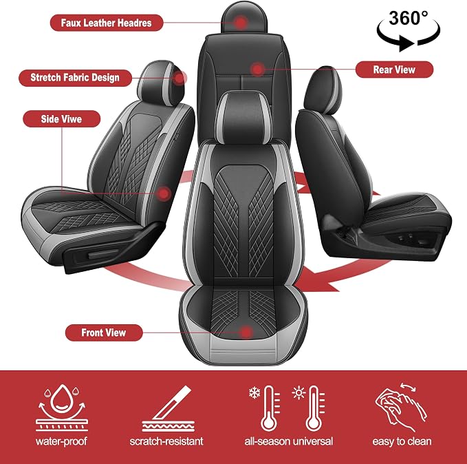 TTX for Dodge RAM 1500 2500 3500 2012-2025 2026 Seat Covers - Waterproof Faux Leather Seat Cushion Cover and Flat Bench(Full Set/Black&Light Grey)