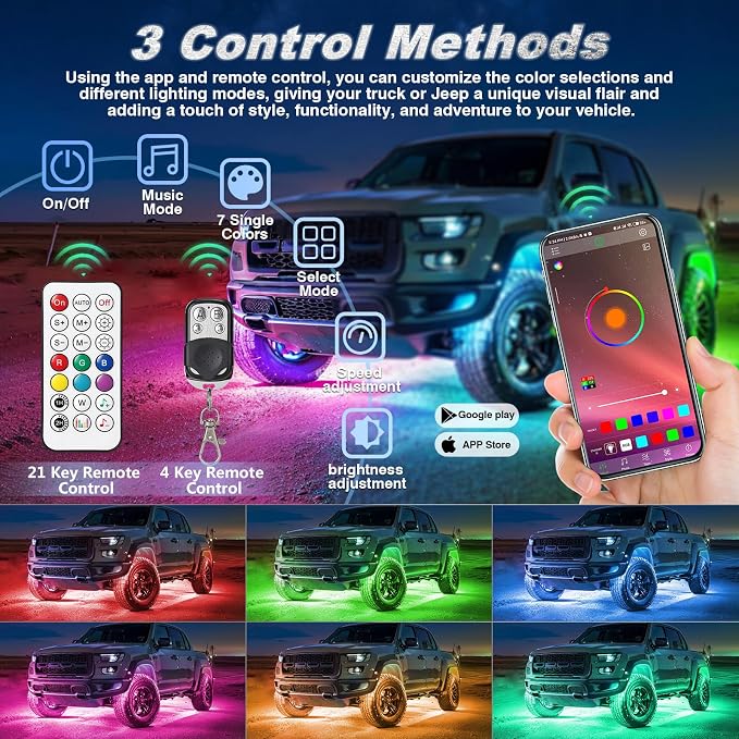 16Pods RGB LED Rock Lights for Semi Trucks Pickup Jeep Golf Cart ATV UTV RZR RV Offroad with APP/RF Remote Control, Dynamic Color Changing Underglow Kits Music Mode 12V Waterproof Chasing Underbody