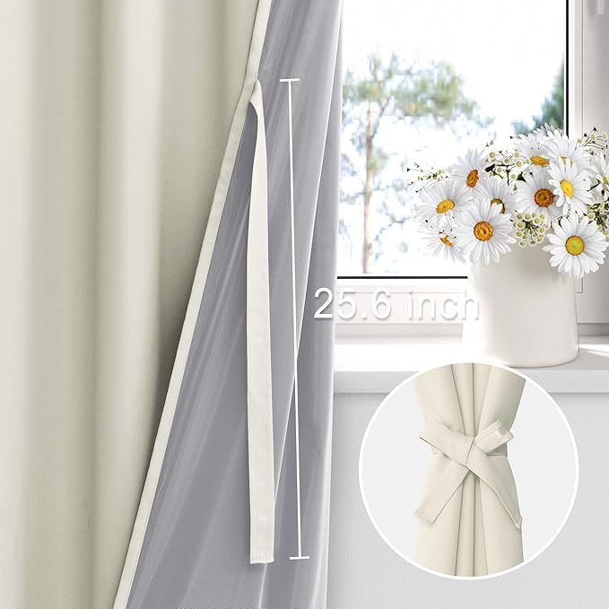 XWZO 100% Blackout Window Curtains - Thermal Insulated & Completely Room Darkening Black Liner Window Treatment with Tiebacks for Bedroom/Living Room, Ivory Beige, W52 x L108, Set of 2 Panels