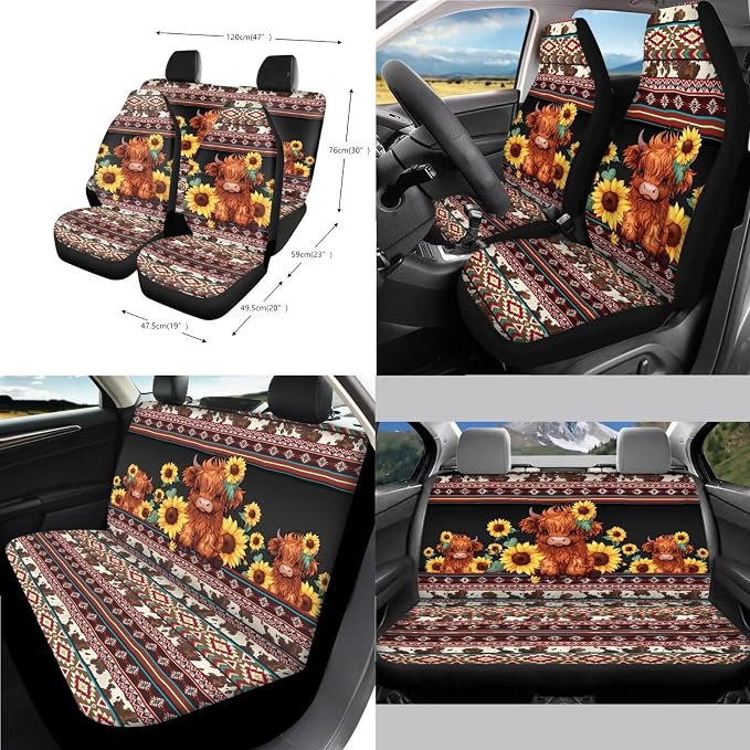 Highland Cow Print Car Seat Cover Sets Full Set Aztec Sunflower Print High Back Seat Covers with Steering Wheel Cover Armrest Cushion Safety Belt Pads Trash Can for Truck Sedan SUV