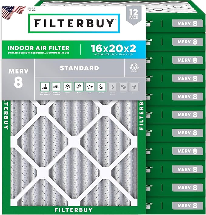 Filterbuy 16x20x2 Air Filter MERV 8 Essential Dust & Allergy Defense (12-Pack), Electrostatic Pleated HVAC AC Furnace Filters Replacement (Actual Size: 15.50 x 19.50 x 1.75)