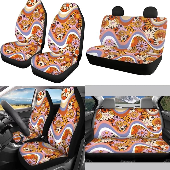 Mumeson Hippie Flower Car Seat Covers for Womens Car Steering Wheel Cover + Seat Belt Strap Pads Shoulder Pad + Armrest Cushion for Car 8 Pack Set Car Accessories Decor for Womens