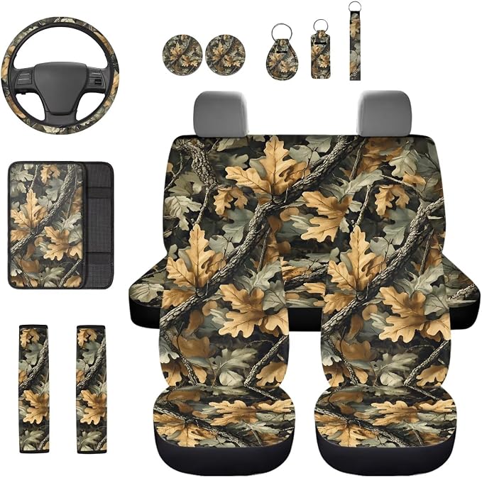 Camouflage Hunting 13 Pcs Car Seat Covers Full Set with Auto Steering Wheel Cover Armrest Cushion Protector Seat Belt Covers Automotive Interior Sets Universal Fit for Cars SUV