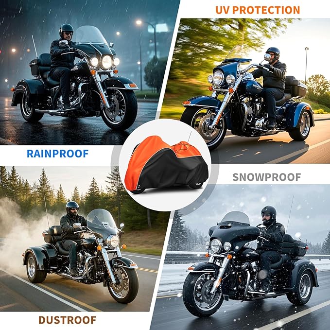 COVERVIN Trike Cover, Waterproof 3 Wheel Motorcycle Cover for Harley Honda Goldwing Freewheeler Tri Glide Ultra, with Antenna Opening, Windproof Buckles & Reflective Strips (Black&Orange)