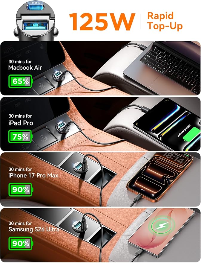 JOYROOM 2-Pack USB C Car Charger [Flush & Pull Ring] 65W PD + 60W QC Dual-Port Car Cigarette Lighter Charger, Fast Car Charger for iPhone 17/16/15 Series, Galaxy S26/25/24, MacBook Air, iPad and More
