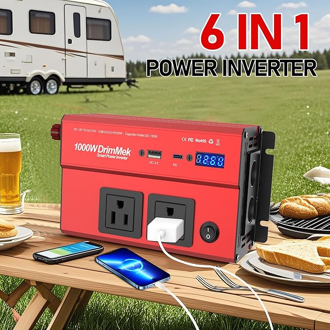 DrimMek 1000 Watt Power Inverters 12v to 110v for Vehicles - with Dual AC Outlets, 1000w Inverter with 3.0A USB and Type-C, 12v Inverter car Cigarette Lighter Battery for/Truck/RV/Emergency