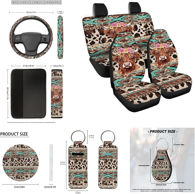 INSTANTARTS Aztec Highland Cow Flower Car Front Rear Seat Covers Auto Interior Protector Chapstick Holder Keychain Cup Mat Pads Seat Belt Covers Steering Wheel Cover Fit for Most Cars