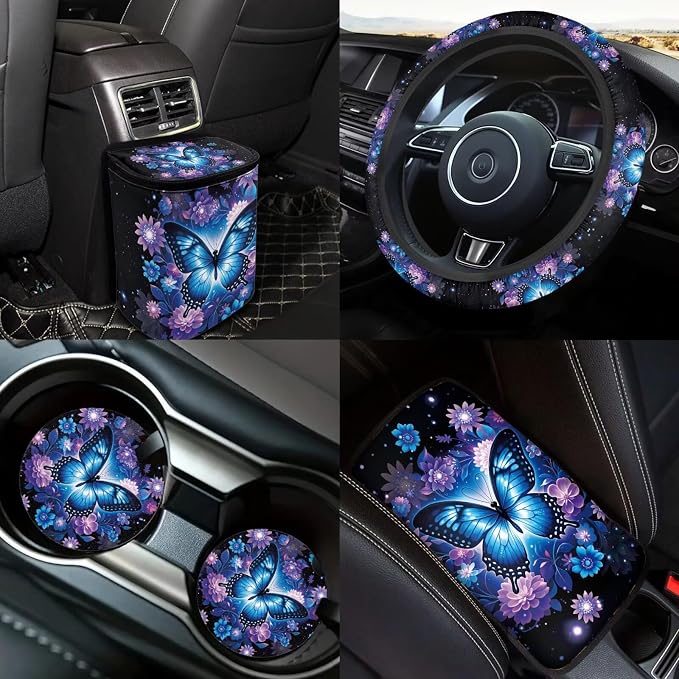 Mandala lotus Butterfly Car Seat Covers Full Sets 18 Pack Butterfly Car Interior Accessories Set with Steering Wheel Cover Auto Trash Can Car Headrest Covers for Women Belt Pads,Universal Fit