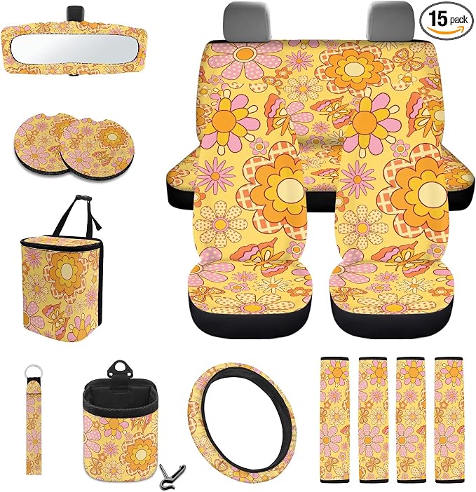 Hippie Flower Print 15 PCS Car Front Back Seat Cover Full Set, Seat Belt Strap Pad Steering Wheel Covers Air Vent Storage Bag Cup Holder Rear View Mirror Cover Key Chain Auto Decor