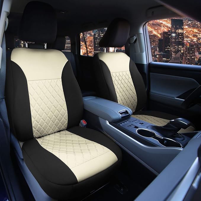 FH Group Car Seat Covers Neoprene - Seat Cover for Low Back Seats with Removable Headrest, Universal Fit, Airbag Compatible, Seat Cover for SUV and Van, Front Set Beige