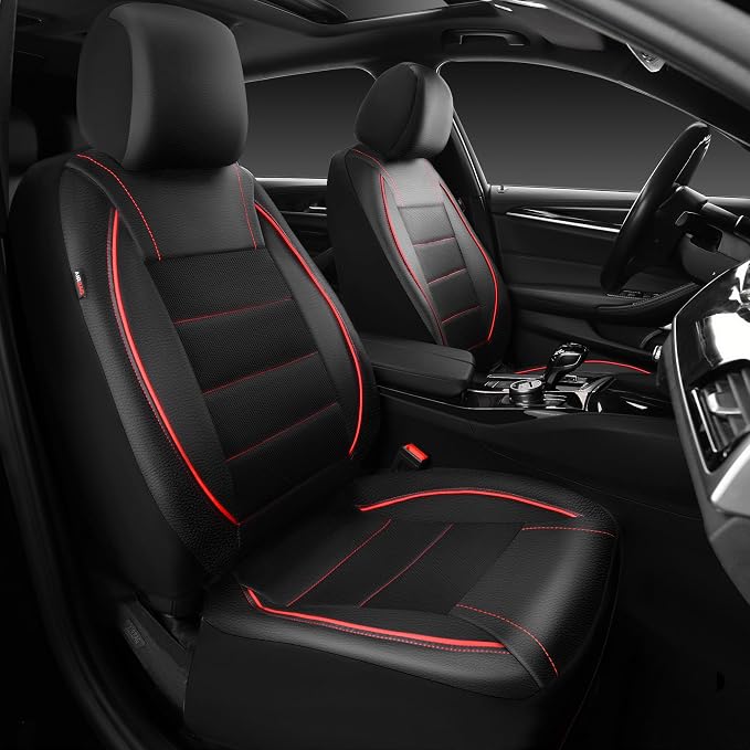 CAR PASS 3 Row Car Seat Covers, Piping Leather Seat Cover with 7 Headrests, Universal Fit Seat Cover Set for Cars Trucks SUV Van Airbag Compatible,7 Passenger Seat Covers Full Set (Black and Red)