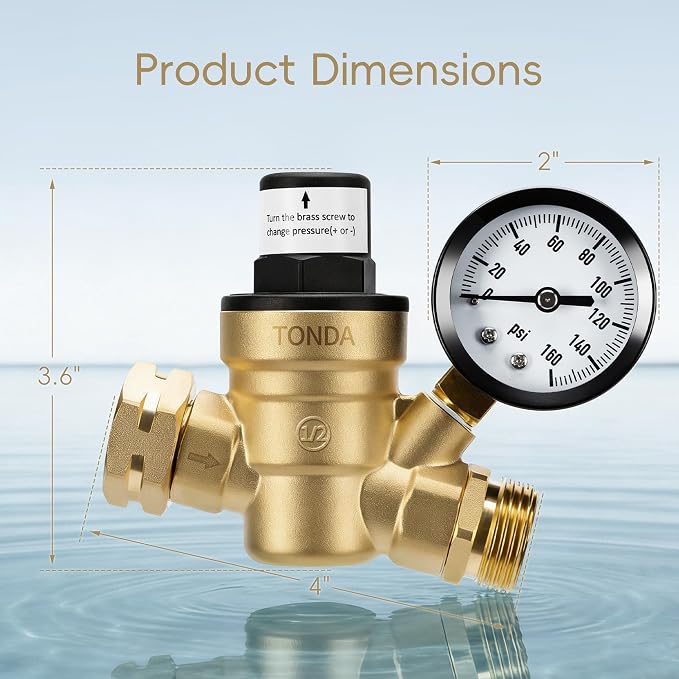 TONDA RV Water Pressure Regulator, Brass Lead-Free Adjustable Pressure Regulator with Gauge and Inlet Screen Filter for RV Camper Travel Trailer Water Hose