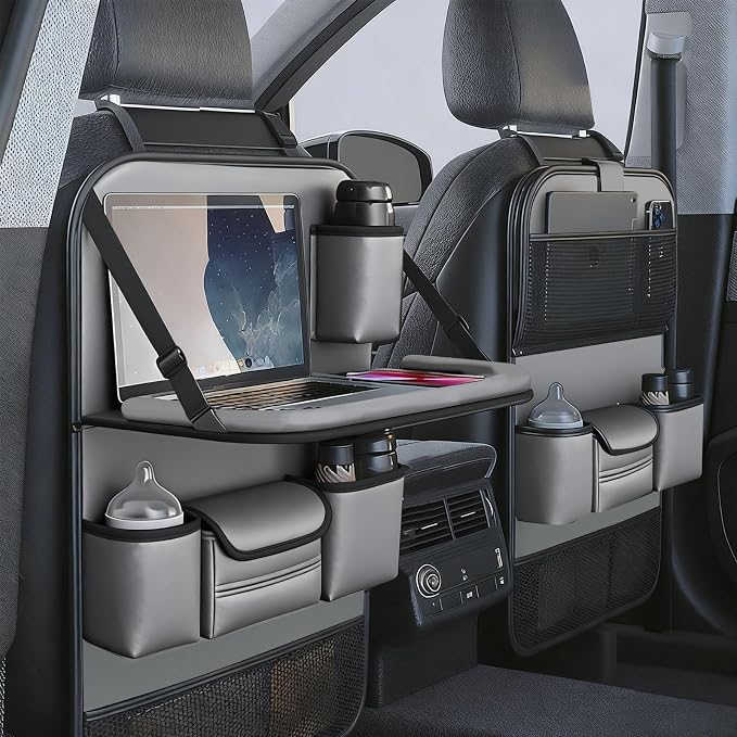 Waterproof PU Leather Car Seat Back Organizer with Foldable Tray Table, Backseat Organizer with Tablet Holder, Cup Holder, Tissue Holder and Kick Mat for SUV Sedan Minivan, Gray