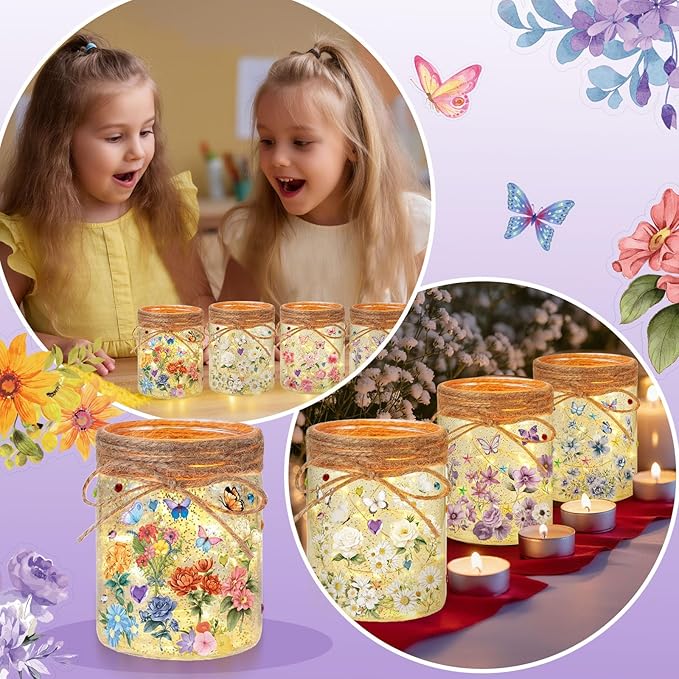 Cinrobiye 24 Set Mason Jar DIY Craft Kit Flower and Butterfly Lanterns with LED Lights Spring Table Centerpiece Decorations Wedding Baby Shower Party Supplies