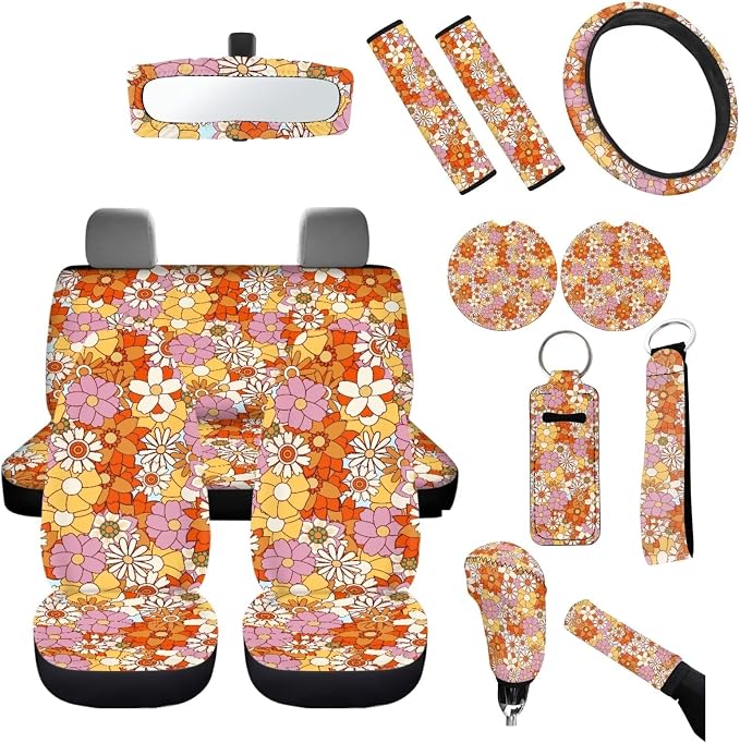 Cottagecore Car Accessory Abstract Hippie Flower Car Seat Covers Elastic Auto Steering Wheel Cover+Non Slip Coaster+Gear Shift Knob & Handbreak Cushion +Mirror Cover for Most Vehicle