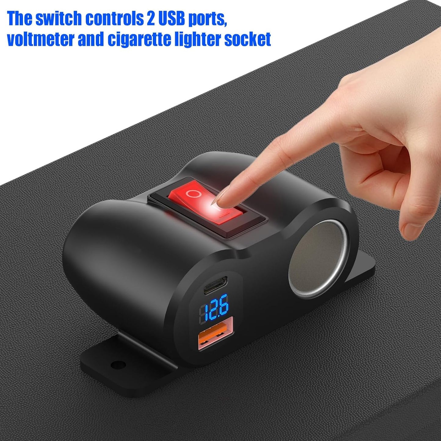 2-in-1 Surface Mount 12V USB Outlet Cigarette Lighter Socket, PD 30W and QC18W Car USB Port Car Charger with Button Switch LED Voltmeter and 120W Socket, Suitable for Cars, Boats, RVs and ATVs