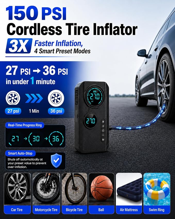 9000A Jump Starter with Air Compressor, 12V Car Battery Jumper Starter with 150PSI Tire Inflator Air Pump Portable (All Gas/10L Diesel), All-in-One Jump Box with LED Light, Power Bank, Large Display