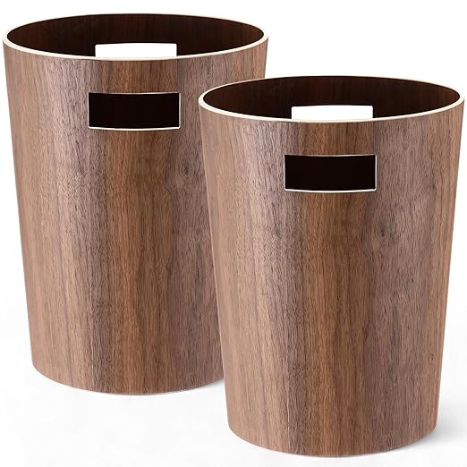 Threehoney 2 Pack 2.3 Gallons Wood Trash Can Wastebasket Natural Wood Round Wastebasket Small Trash Bin for Home, Office Under Desk, Kitchen, Bedroom, Hotel, Room (Walnut Color,Flat)
