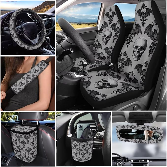 Dreaweet Goth Skull Car Seat Covers Full Set Grey Halloween Car Accessories Seat Covers with Steering Wheel Cover Seat Belt Pads Trash Bin Rear View Mirror Cover Coasters Keychain Air Vent Pouch
