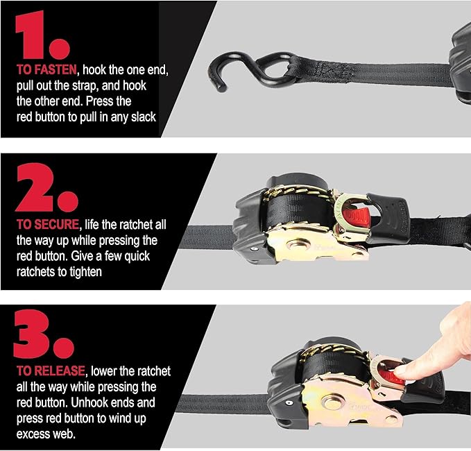Erickson Pro Series 2in x 10ft Black Retractable Ratcheting Tie-Down Straps, High-Strength Design, 3300 lb Load Capacity, Pack of 2