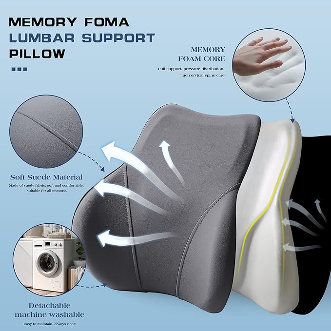 Car Seat Lumber Support Pillow&Neck Pillow Kit,Ergonomic Memery Foam Neck Pillow and Back Cushion for Back Pain Relief,Comfort for Car,Office