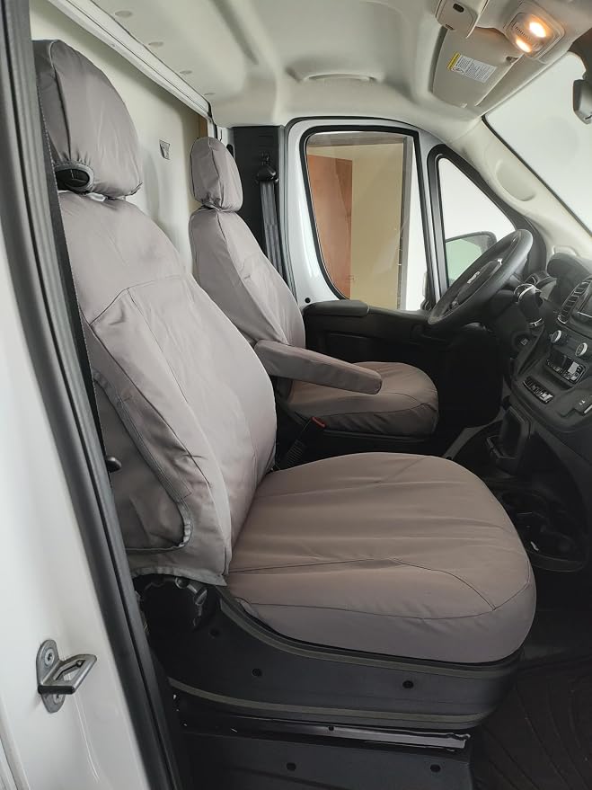 Durafit Seat Covers. D1338-C8. Made to fit 2013-2024 Promaster Van Exact Fit Front Bucket Seat Covers, Gray Waterproof Endura, Sold in Pairs Not for Rv Seats, armrest on Drivers only.