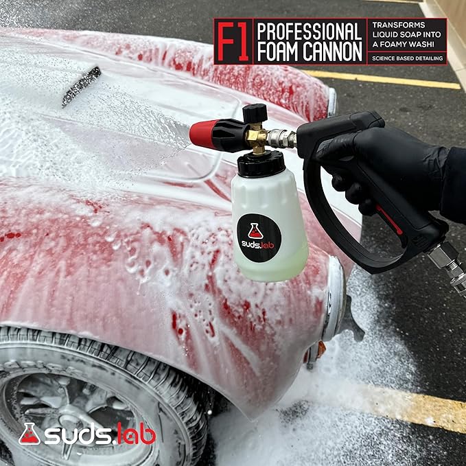 Suds Lab F1 Professional Foam Cannon with 32 Ounce Canister, Adjustable Foam Nozzle, Quick Connect Pressure Washer, Clean Dirt, Car Washing