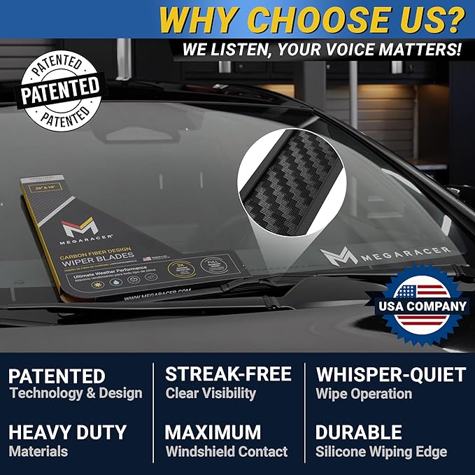 Premium Silicone Carbon Fiber Windshield Wiper Blades 26" & 19" - Patented All-Season, Quiet & Smooth Streak-Free Clean Wipe, OEM Quality, Front Automotive Replacement Wipers for Car & Truck (2 Pack)