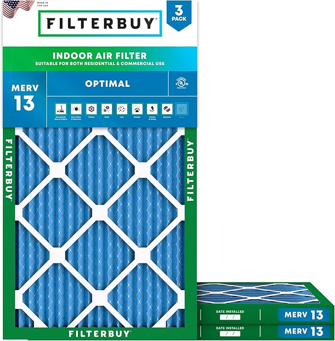 Filterbuy 14x24x1 Air Filter MERV 13 Optimal Smoke & Allergy Defense (3-Pack), Electrostatic Pleated HVAC AC Furnace Filters Replacement (Actual Size: 13.38 x 23.38 x 0.75)