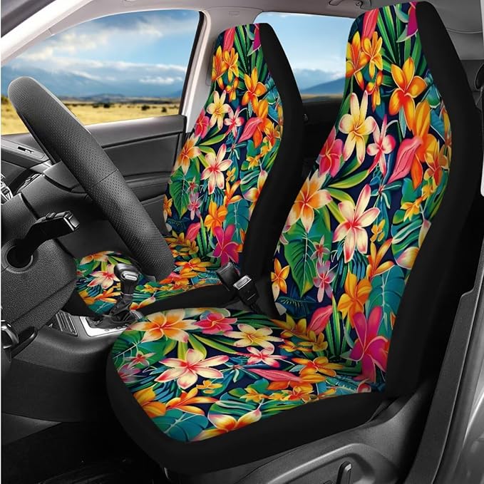 Bulopur Hawaiian Hibiscus Floral Car Seat Covers Front and Rear with Armrest Cover Seat Headrest Cover Car Seatbelt Shoulder Strap Covers Keychain Auto Interior Accessories Set for Van Sedan SUV