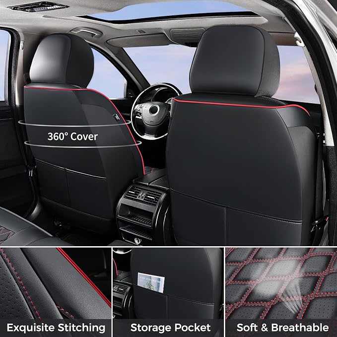 Huidasource 2018-2026 Wrangler JL Seat Covers Full Set, Waterproof Custom Fit Seat Cushion Protector for Jeep Wrangler JL 4-Door Sahara Sport Rubicon, Without Rear Cupholder (Full Set/Red Line)
