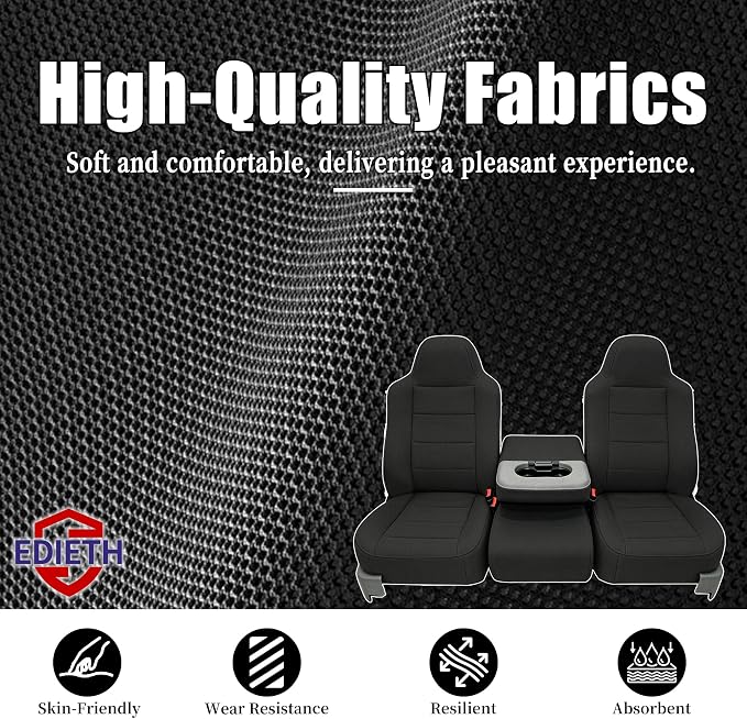 Front Seat Covers for Ford F250-F550 Super Duty 2002-2010 40/20/40 Split Seat with Molded Headrest & Shoulder Support Textured Breathable Fabric Knit - Black