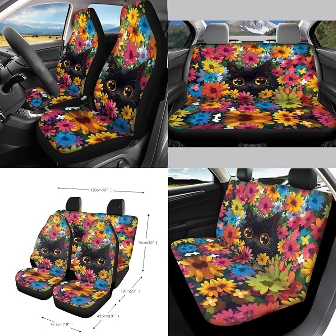 Flower Cat Print Automotive Seat Covers & Accessories Full Set, 15Pcs Car Interior Cover Set High Back Seat Covers Steering Wheel Cover Safety Belt Pads for Vehicle Truck Sedan