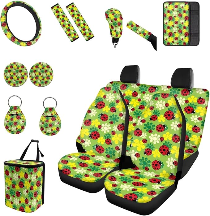 Forchrinse Red Ladybird Car Seat Covers for Women Flower 15 Pack Car Accessories Set with Steering Wheel Covers Armrest Seat Belt Covers Gear Handbrake Cover Keychain Coaster Trash Can