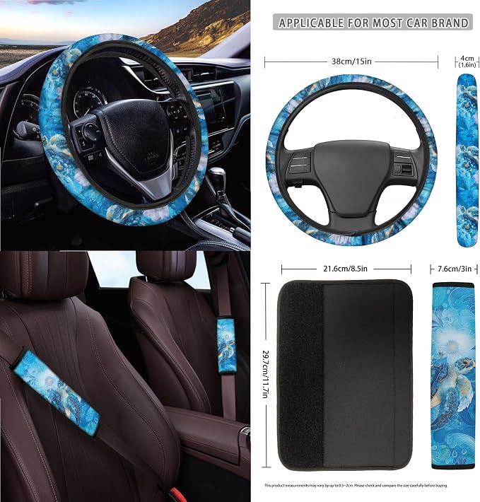 Turtle Floral Wave Print Universal Fit Car Seat Cover Set Steering Wheel Covers Seatbelt Strap Cover Garbage Cans Air Vent Storage Holder Rearview Mirror Covers Coasters Keychain 15 PCS