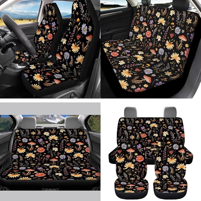 Mushroom Car Aaccessories Full Set of 15 Pcs, Dasiy Car Seat Covers Set with Rear View Mirror Cover,Steering Wheel Covers,Car Trash Can with Lid for Women Man,Universal Fit