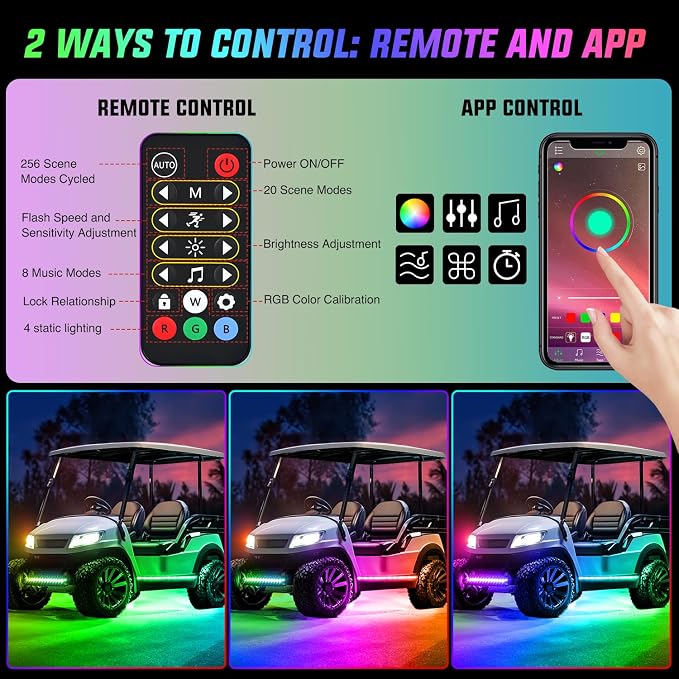 Nilight 4PCS Golf Cart Underglow LED Light Strip Dream Color Multi-Mode Neon Accent Lighting Kit APP and Remote Control Sound Active Music Sync IP67 Waterproof 12V-66V Input for EZGO Yamaha Club Car