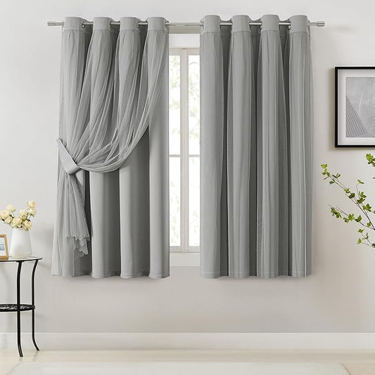 Bujasso Grey 90% Blackout Curtains with Sheer Overlay Mix and Match Double Layer Window Curtains Thermal Insulated 63 inch for Living Room Bedroom Gray Drapes with Tiebacks Grommet Top 54" Wx63 Lx2
