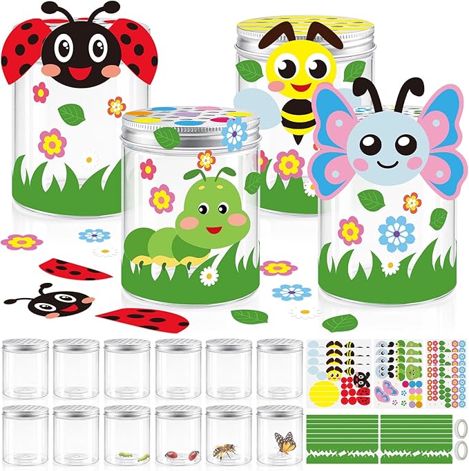 Cinrobiye 24 Set Insect Bug Viewer Craft Kits DIY Spring Craft Bug Jar Observation Kit Plastic Bug Catcher Containers Science Nature Exploration Craft Party Favors Classroom Activity