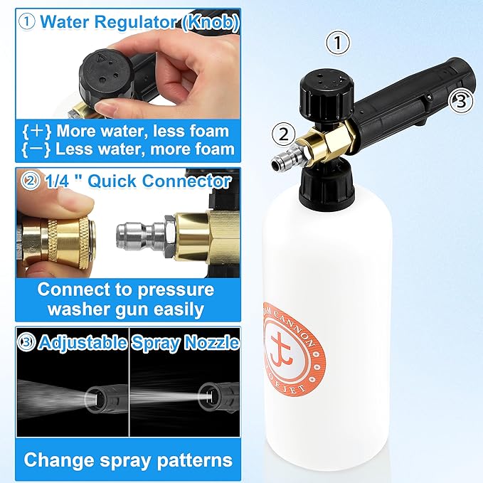 JOEJET Downstream Injector for Pressure Washer, Fixed Chemical Injector Kit with 3/8 Inch Quick Connect, Pressure Washer Gun with Foam Cannon