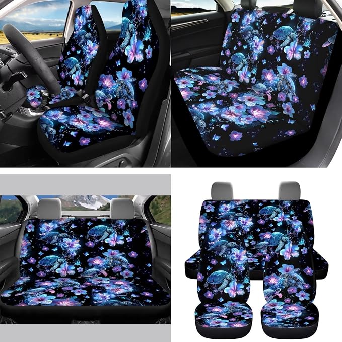 15 Pcs Plumeria Sea Turtle Car Seat Covers Full Set for Women Cute Car Accessories Interior Car Steering Wheel Cover Seatbelt Covers Trash Bin Rear View Mirror Cover Cup Holders Keychain
