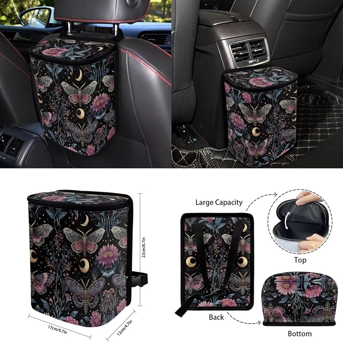 Goth Moon Moth 15 PCS Car Seat Cover Set, with Steering Wheel Seat Belt Cover Rear View Mirror Cover Coaster Trash Cans Keychain Universal Fit