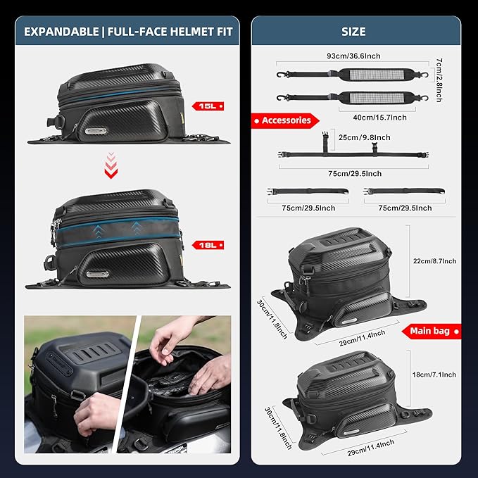 Rhinowalk Motorcycle Tank Bag Waterproof Backpack Hard-shell Expandable Rhinowalk Motorcycle Bags 15-18L Carbon Fiber Black