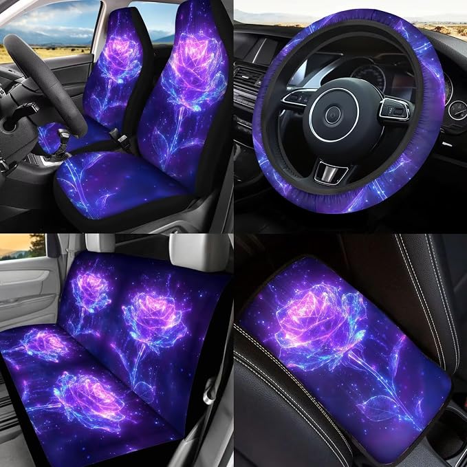 17Pcs Purple Rose Car Seat Covers Full Set with Front and Split Rear Bench,Dreamy Rose Head Rest Covers,Vehicle Trash Bag Car Interior Accessories for Women Universal Fit,Car,Truck,SUV,Van