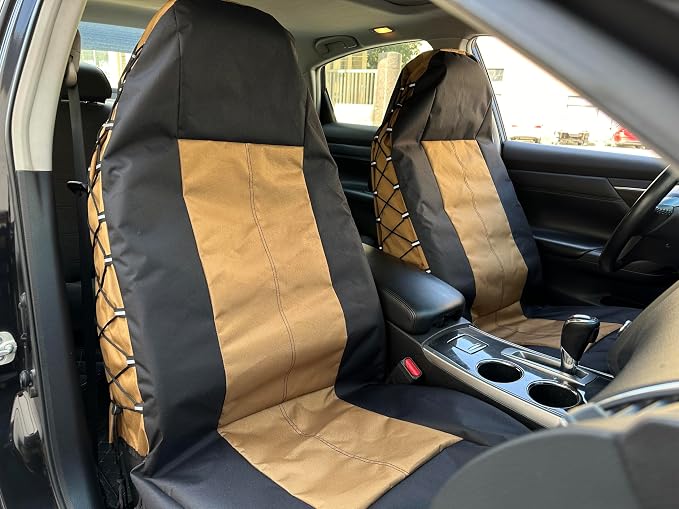 Tan Seat Covers for Cars Trucks SUV, Universal Canvas Tactical Multi-Pockets Organizers Rain Defender, Waterproof Seat Protectors Front Set (Tan Black)