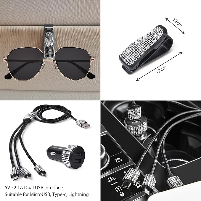 CAR PASS 30 PCS Bling Car Accessories Set for Women, Bling Steering Wheel Covers 15 Inch, Shining Rhinestone License Plate Frame, Sparkly Diamond Phone Holder, Car Mats Full Set, Silver