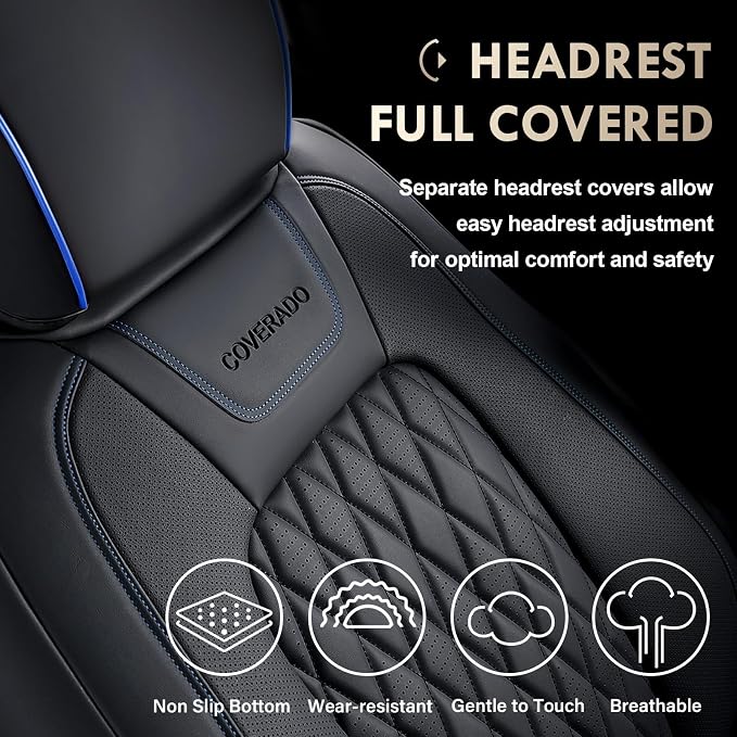 Coverado Leather Ford F150 Seat Covers Full Set, Automotive Seat Covers for Pick-up Truck, Waterproof Cushion Cover for 2015-2026 F150 and 2017-2026 F250 F350 F450 (Blue line)